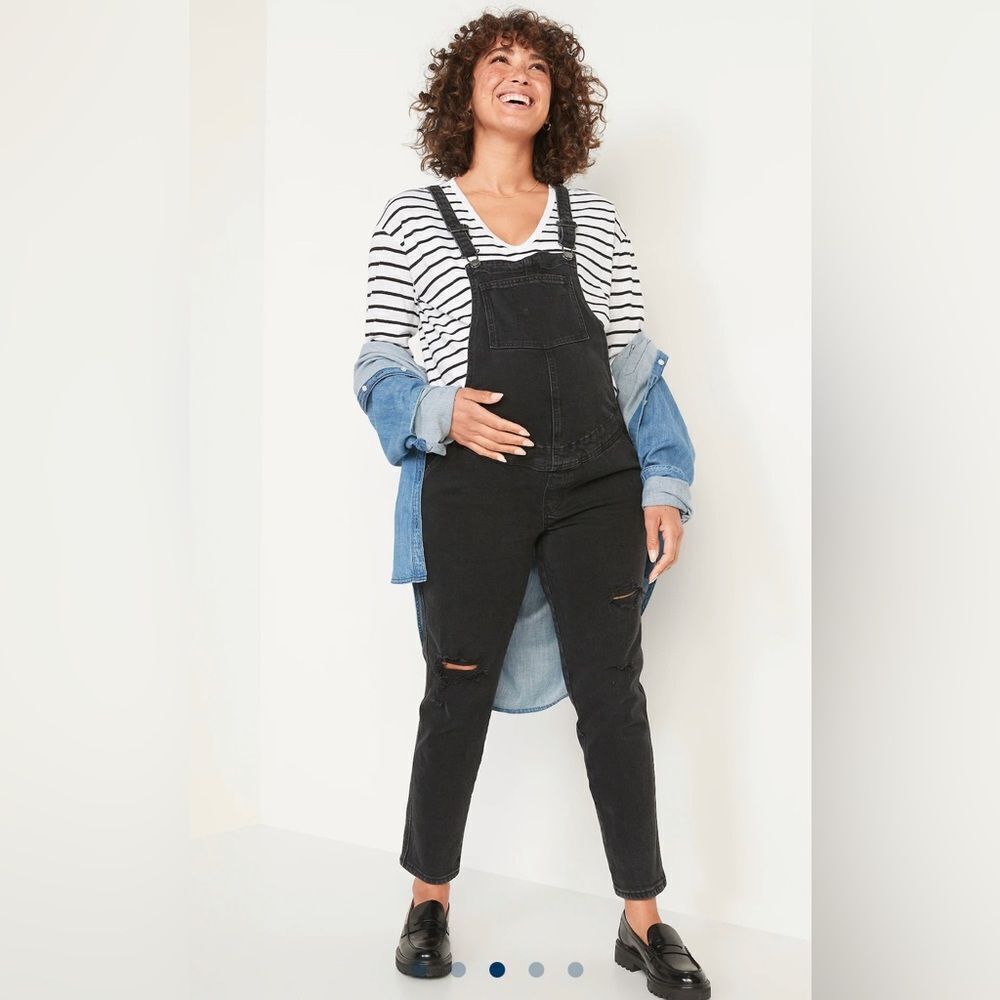 NWT Old Navy Black Side Panel distressed Maternity Overalls size 16. - Picture 6 of 9